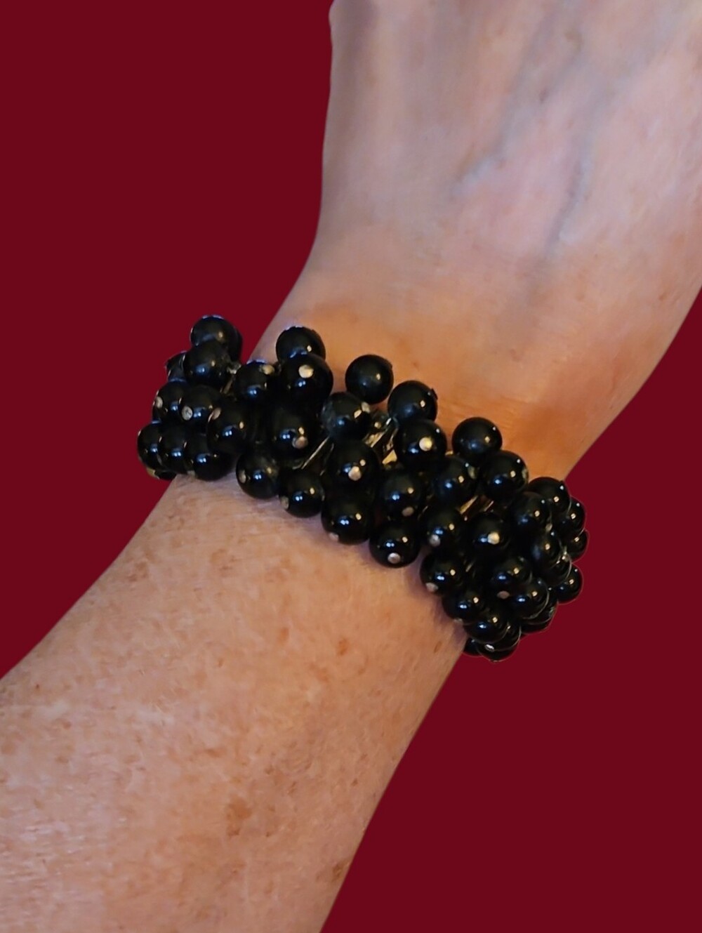 Vintage Japan Black Beaded Cluster Metal Stretch Bracelet